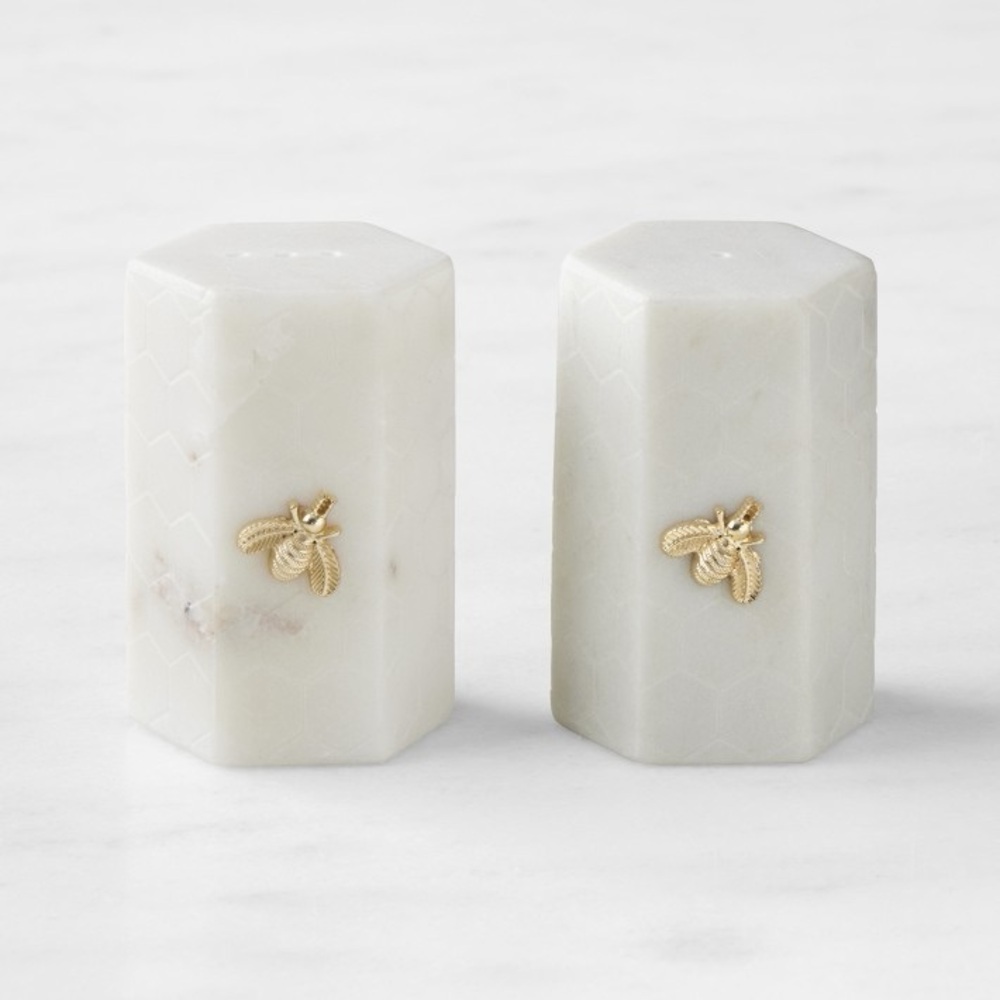 Never opened Williams Sonoma salt and pepper marble shakers with gold bees